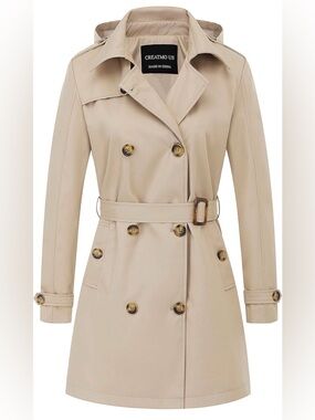 CREATMO US Women's Trench Coat Double-Breasted Classic Lapel Overcoat Belted